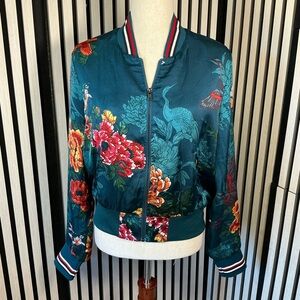 Polly & Esther Teal Floral Bomber Jacket with Crane Motif